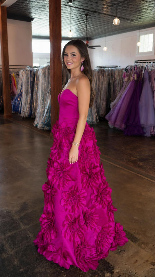 Side profile view of Fuchsia gown showing fitted bodice
