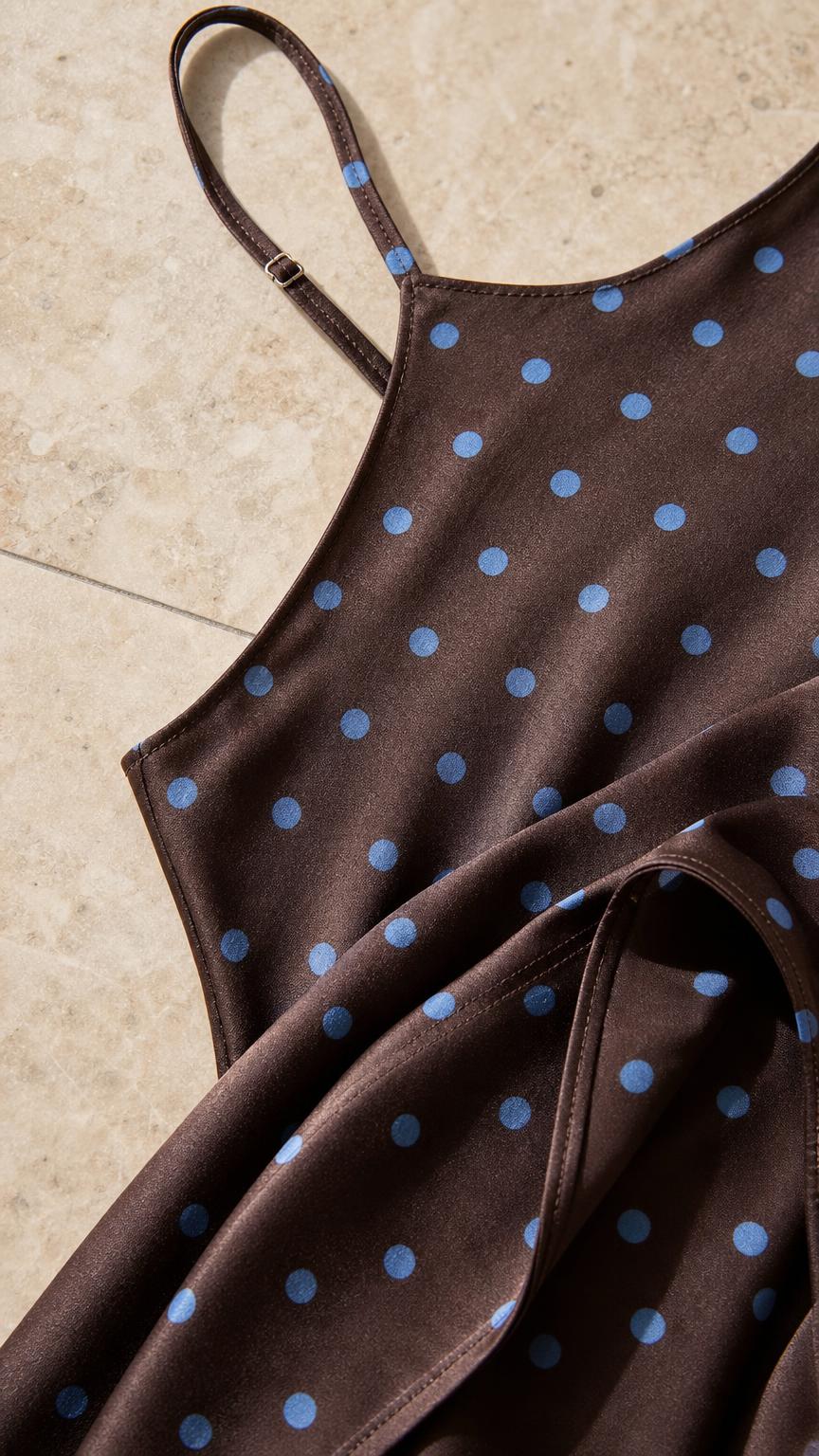 Close-up detail of the straps and dotted satin fabric