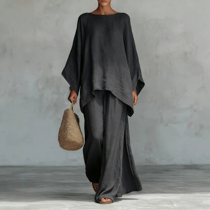 Linen-Blend Poncho Top & Wide-Leg Pants Set