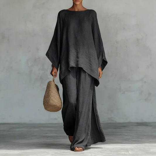 Linen-Blend Poncho Top & Wide-Leg Pants Set