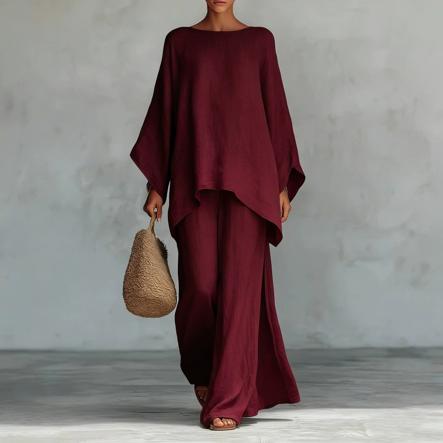 Linen-Blend Poncho Top & Wide-Leg Pants Set