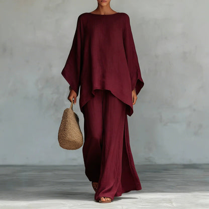 Linen-Blend Poncho Top & Wide-Leg Pants Set