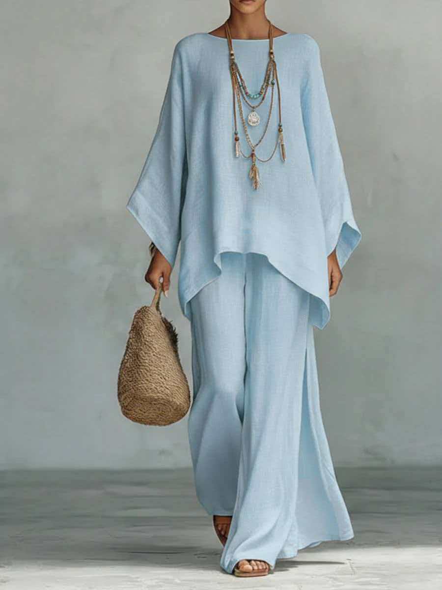Linen-Blend Poncho Top & Wide-Leg Pants Set