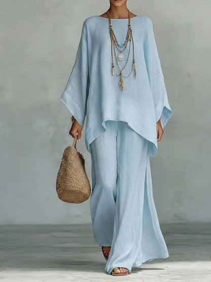Linen-Blend Poncho Top & Wide-Leg Pants Set