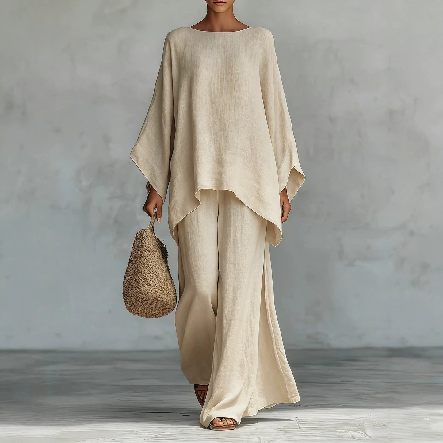 Linen-Blend Poncho Top & Wide-Leg Pants Set
