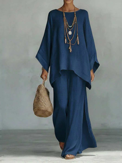 Linen-Blend Poncho Top & Wide-Leg Pants Set
