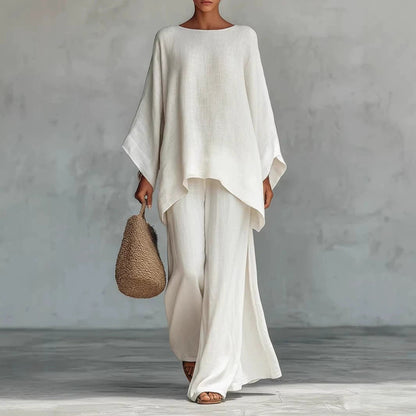 Linen-Blend Poncho Top & Wide-Leg Pants Set