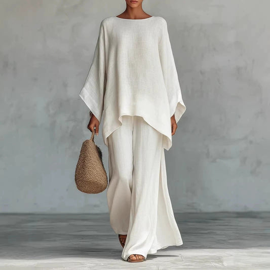 Linen-Blend Poncho Top & Wide-Leg Pants Set